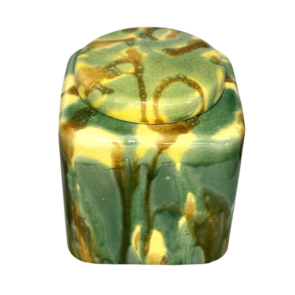 Vintage Drip Glaze Ceramic Canister Jar w/ Metal Liner & Lid Green Yellow 6.5”